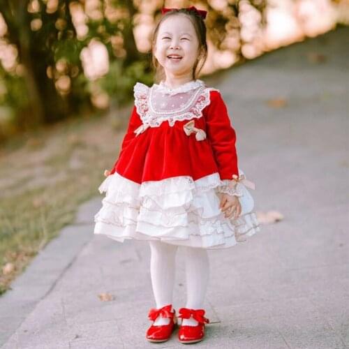 2PCS Autumn Winter Lolita Spanish Red Lace Velvet Palace Vintage Princess LongSleeve Dress Ball Gown Dress For Party Christmas