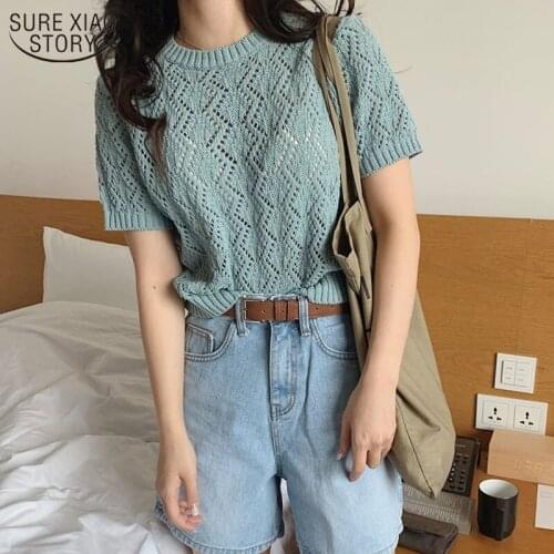 2021 Summer Solid Blouse Women Short Sleeve Hollow Out Knitted Casual Tops Blouses Ladies O Neck Thin Loose Female Shirts 8788
