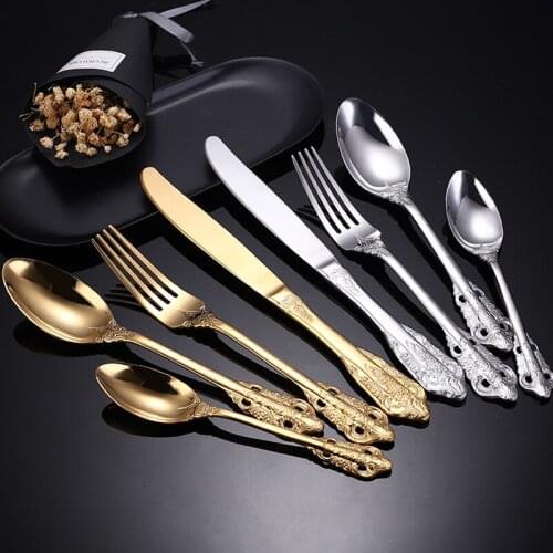 4pcs/Set Golden Cutlery Set Anaglyph Dinner Knife 304 Stainless Steel Steak Fork Tea Spoon Kitchen Utensils