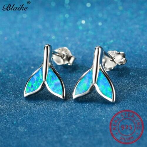 925 Sterling Silver Mermaid Tail Stud Earrings For Women Men Blue White Fire Opal Earrings Wedding Studs Fishtail Ear Jewelry