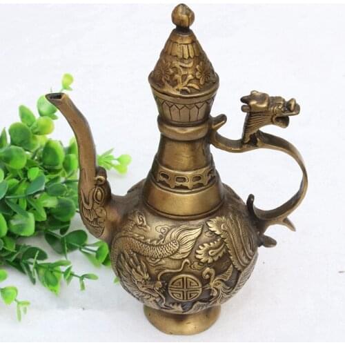 Ancient Chinese bronze brass longfeng children statue of the teapot home decoration Metal crafts pot