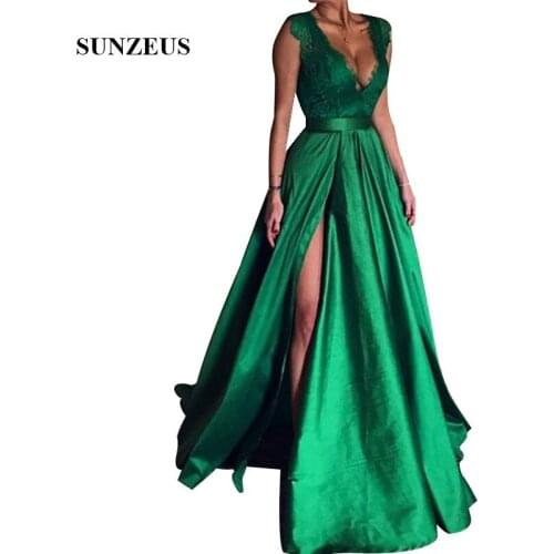 Emerald Green Evening Dresses A-line V Neck Lace Bodice Long Satin Formal Gowns Elegant Women Split Side Party Dress