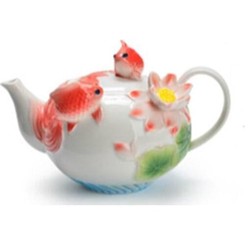 Ceramic Fish Teapot with Handle Jingdezhen Enamel Porcelain Restaurant Teapot