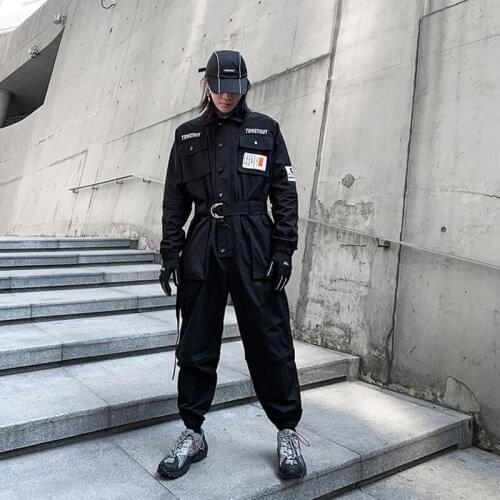 Hip Hop Jumpsuit Men Ribbon Embroidered Long Sleeve Romper Zippers Cargo Overalls Streetwear Techwear Jumpsuits