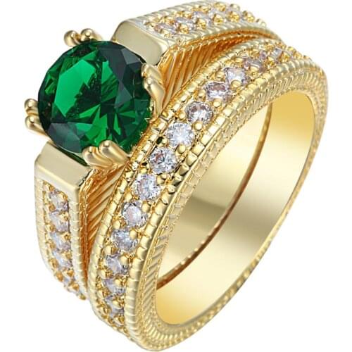 Gold-color Micro Green White Zircon Finger Ring Set for women Wedding Gift Luxury 2pc Fashion Promise Rings Jewelry