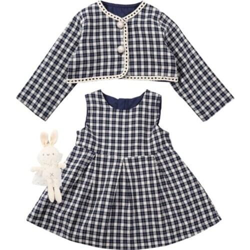 Rabbit Pendant Korea Long-sleeved Plaid Cardigan Coat Princess Dress 2pcs Clothing Sets Dress for Girls Kid Clothing 1-7 Years