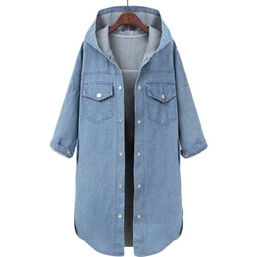 Spring Autumn New Plus Size Denim Jacket Coat Women Loose Hooded Base Jackets blue Womens Long Sleeve Casual Jeans Jackets F469