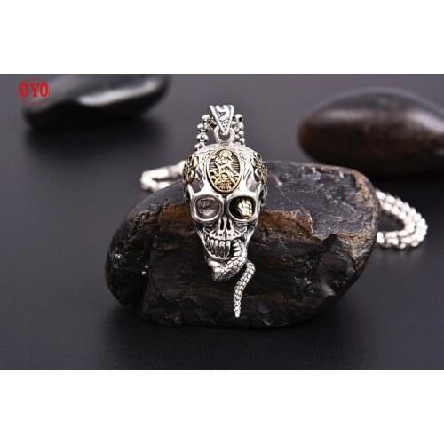 S925 Sterling Silver Mens Domineering Skull Wrapped Snake Thai Silver Pendant