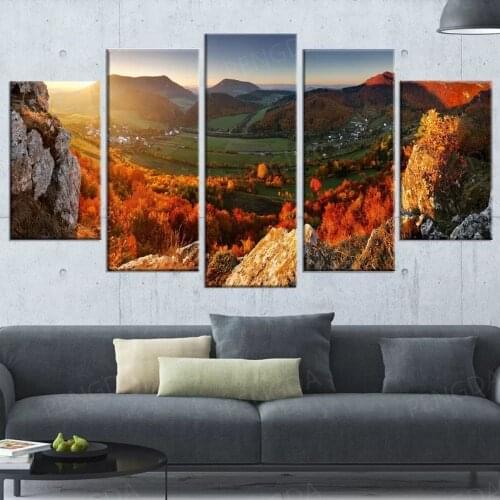 Wall Art Home Decor 5 Panel Autumn Landscape Poster HD Prints Modular Maple Forest Canvas Painting Bedroom Pictures Framework