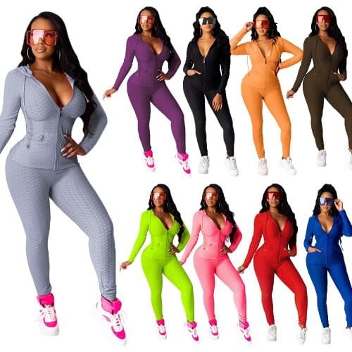 Solid Sportwear Autumn Winter Womens Set Two Piece Set Zipper Hooded Tops Jogger Pants Tracksuit Matching Set Casual Outfits