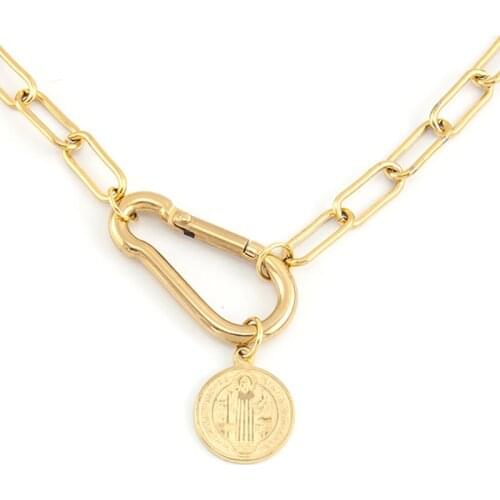 100% Stainless Steel Saint Benedict Medals Necklace Gold/Silver Color Metal San Benito Coin Charm Heavy Duty Chain Choker