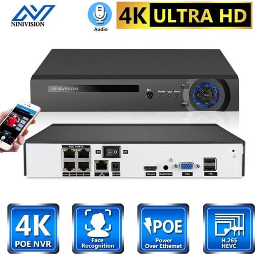 NINIVISION 4CH 4K POE NVR Face Recognition H.265+ Onvif Network Video Recording IP Camera P2P System