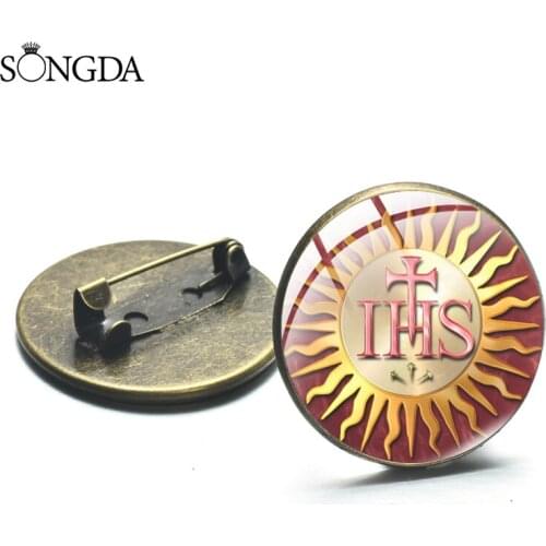 SONGDA- Christian Icon Jesuit Seal Picture Art Photo Brooch Labarum Fashion Decorative Brooch Charm Metal Pin Badge Gift