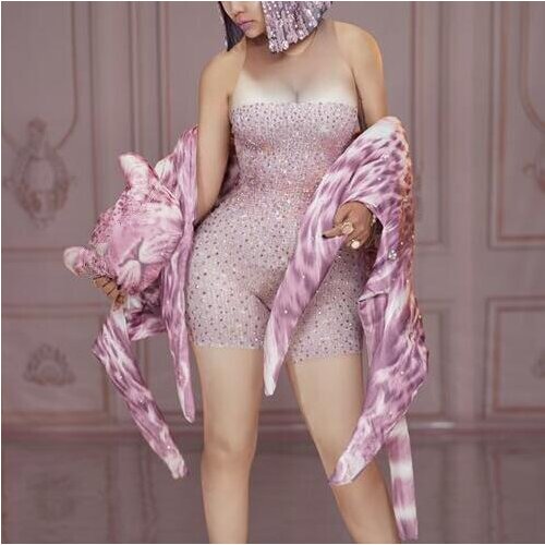 Nude Stretch Pink Rhinestones Sleeveless Jumpsuit Sexy Nightclub DJ Singer Pole Dance Costume Bar Party Show Bodysuit Stage Wear