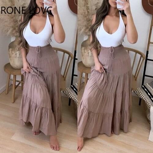 Women High Waist Drawstring Shirring Detail Maxi Skirt Women Summer Outfits 2021