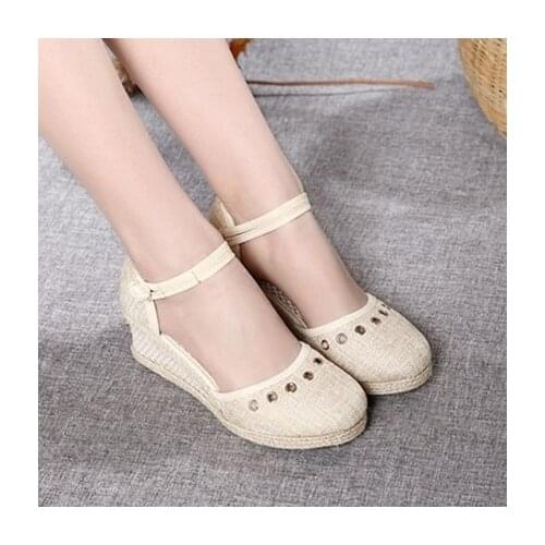 Zhen Zhou 2019 Women Sandals Casual Linen Canvas Wedge Sandals Summer Ankle Strap Med Heels Platform Pump Espadrilles Shoes