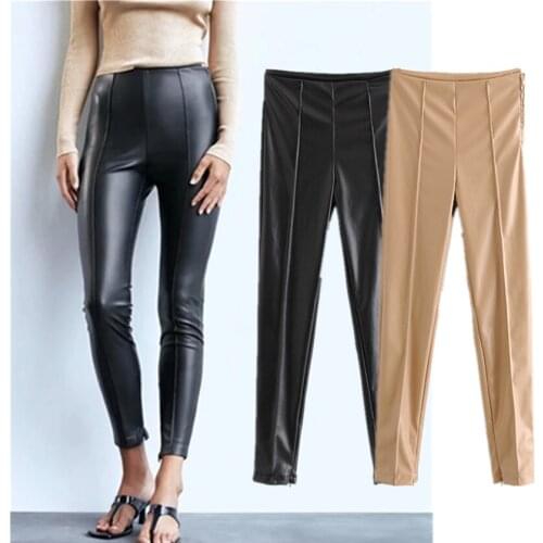 Jenny&Dave Women Pantalones Winter England High Waist Simple skinny Pu Leather Pencil Pants Mujer Pantalon Femme Trousers Women