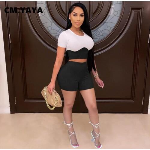 CM.YAYA Women Set Patchwork Short Sleeve T-shirts Sheath Elastic Shorts Two Piece Set Tracksuit Summer Casual Outfit Sportswear