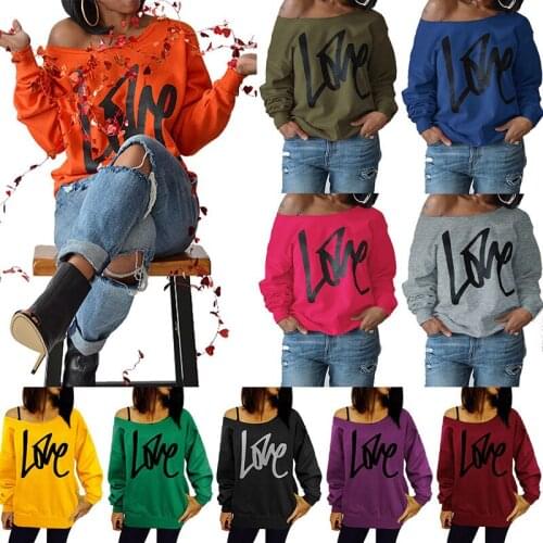 Women LOVE Letter Print Long Sleeve Sweatshirt Large Size T-shirt Printed Long-sleeved Strapless Top
