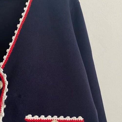 2021 Spring Women V Neck Knitted Cardigan Loose Knit Jacket with Pockets Patchwork Knitwear Top