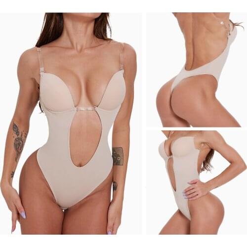 Waist Trainer Shaper Body Tummy Shaper Shapewear Faja Women Deep V Bodysuit Clear Strap Backless Plunge Thong Push Up Padded Bra