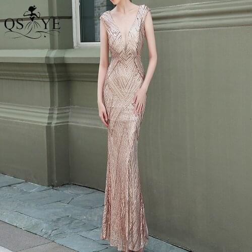 Drop Beadings Gold Evening Dresses Mermaid Sequin Prom Gown Cap Sleeves V Neck Party Dress Open Low Back Bead Golden Formal Gown