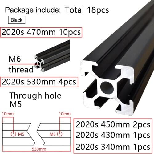 2020 Series Black European Standard Aluminum Profile, include 10X470mm 4X530mm 2X450mm 1X430mm 1X340mm Total 18pcs