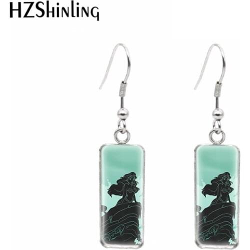 2021 Disney Cartoon Black Princess Paintings Pattern Rectangle Hook Dangle Drop Earrings Glass Cabochon Ear Jewelry