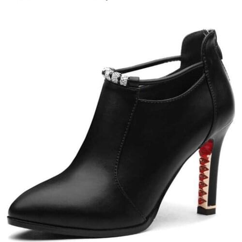 2021new winter boots women shallow Round Toe red womens boots Thin Heels Zip Ankle boots Pu leathe