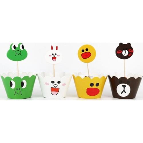 24pcs/lot Bear Frog Duck Rabbit Animals Cupcake Wrappers Topper Kids Party Birthday Decoration Cake Cups(12 wraps+12 topper)