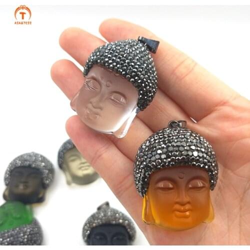 3Pcs Multi Tinct Stone Buddha Head Amulet Pendants Crystal Pave Rhinestone Pendants Beads Glass Jewelry Findings For Necklace