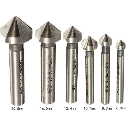 3 Flute 90 Degree HSS Chamfer Chamfering Cutter End Mill Tool Countersink Drill Bit Set 6.3-20.5MM Round shank 6pcs