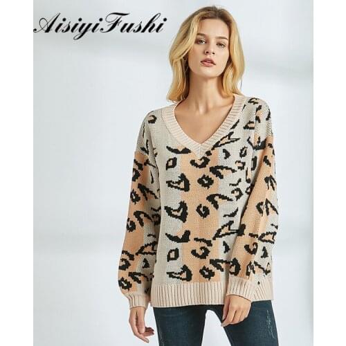 AISIYIFUSHI Women Leopard Sweater Autumn Plus Size Long Sleeve Off The Shoulder Sweater Deep V Neck Sweaters Fashion 2020 Women