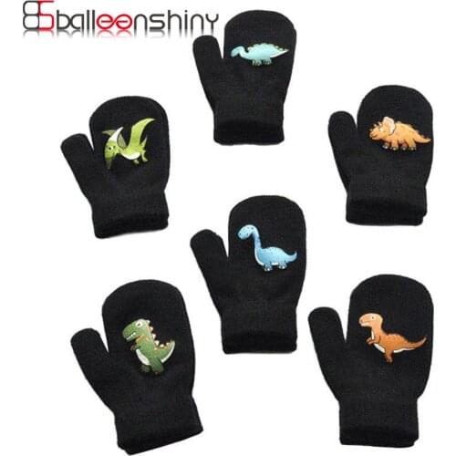 Balleenshiny Cartoon Dinosaur Gloves Winter Children Thicken Warm Gloves Kids Girls Cute Full Fingers Acrylic Mittens for 0-5Y