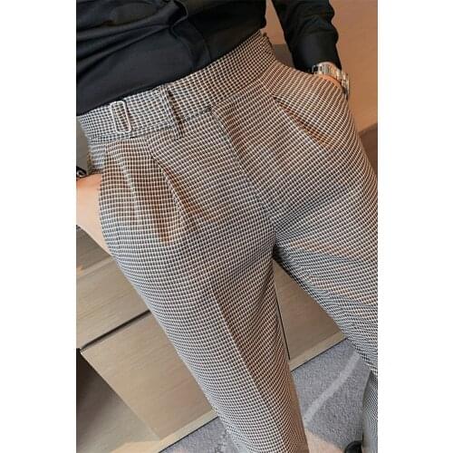 2020 summer new trend casual trousers mens business Korean version of slim thin coffee color plaid straight leg pants