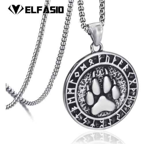 Elfasio Mens Stainless Steel Chain Viking Bear Paw Valknut Odins Norse Warrior Pendant Necklace Jewelry