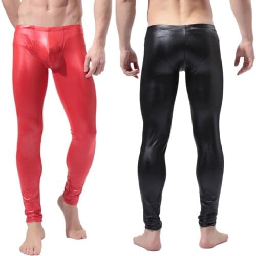 Black Red Men Stretch Faux Leather Latex Pencil Leggings Mid Waist Skinny Tight Bodywear Exotic Gay Male Traning Clubwear Pants