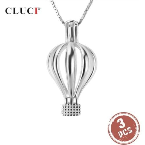 CLUCI 3pcs 925 Sterling Silver Charms Pendant for Necklace Women Jewelry Hot Air Balloon Shaped Pearl Locket Pendant
