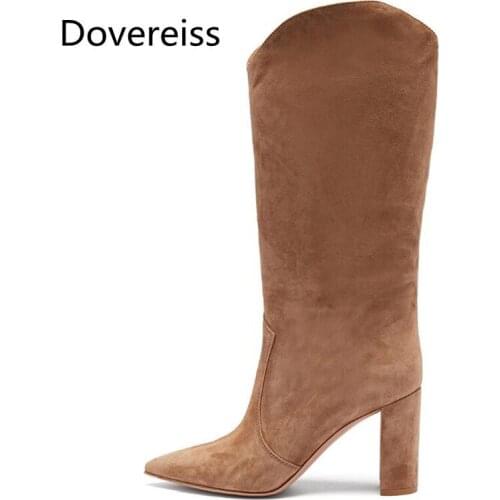 Dovereiss Fashion Womens Shoes Winter Concise New Brown Sexy Pointed toe Clear Heels Boots Block heels Knee high Boots 35-44