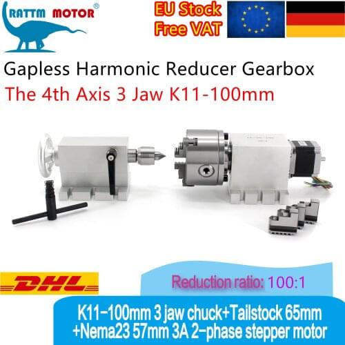 【EU Ship VAT】100:1 4th Axis Rotary Axis Gapless Harmonic Reducer Gear Box 3 Jaw Chuck K11-100mm&65mm Tail Stock CNC Router