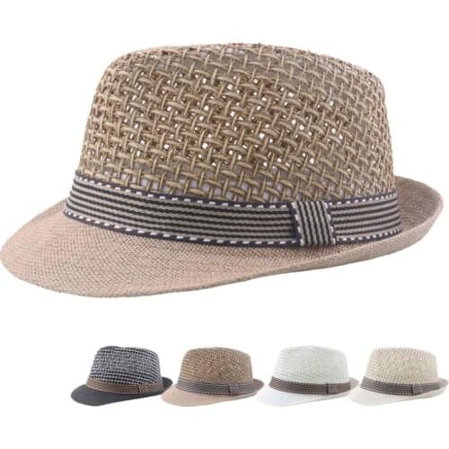 HT3136 New Fashion Parent-child Summer Hat Fedoras Breathable Straw Hat Men Women Beach Cap Kids Trilby Fedora Jazz Beach Hat