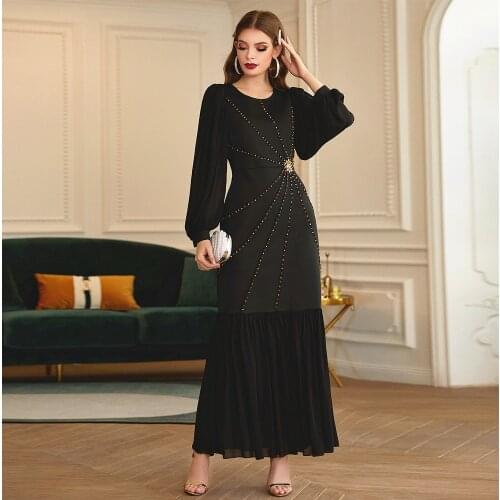 Classic Abaya Muslin Puff Sleeve Dresses Women Long Dress Made by Spider Dimaonds Collect Waist Design For Party Dubai Women