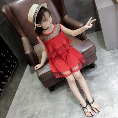 Girls Lace Vest Suit Shirt + Shorts 2 Pieces Set Fashion Princess Summer Sleeveless Children Chiffon Clothing