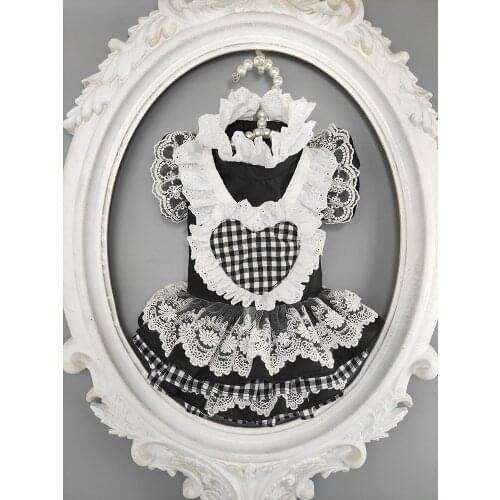 Handmade Dog Clothes Pet Apparel Black White Plaid Maid Outfit Cat Dress Lace Collar Sleeves Poodle Drop Shipping