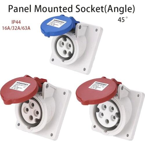 Industrial Socket Angle 45° 16A 32A 63A 3 pole 4 pole 5 pole ip44 Panel Mounted Socket Waterproof 220V 380V 415V