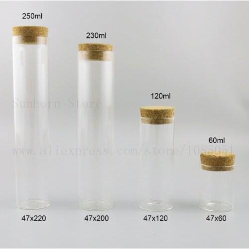 5 x Flat Bottom Clear Test Spice Tube Borosilicate Glass Bottle Jar Wooden Cork Stopper Storage Container 60ml 120ml 230ml 250ml