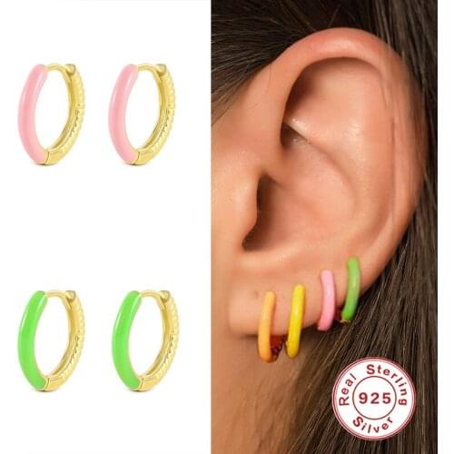 Aide 2021 Trend Pendientes Plata 925 Silver Pink Enamel Hoop Earrings Piercing Huggie Earings Woman Jewelry Bijoux Femme Brincos
