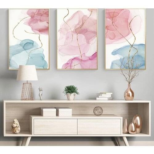 Modern Abstract Pink Block Gold Line Decoration Picture Canvas Paintings Print Poster Living Room Sofa Background Gallery