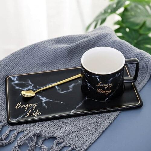 Creative Marble Grained Ceramic Cup Description Gold Office Business Coffee Water Mug Cup Set with Spoon