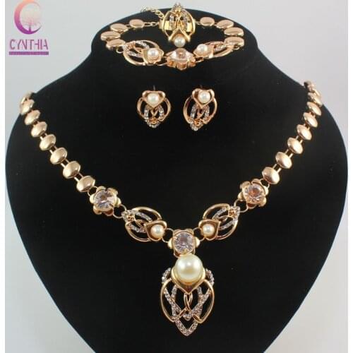 Pearl Chain Necklace Earrings Crystal Jewelry Sets Gold color Clear Pearl Jewelry Set For Women Wedding Party Gift